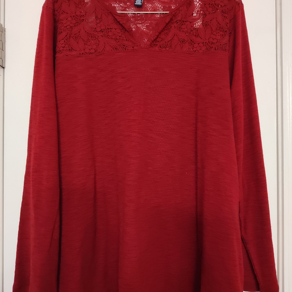 Chaps Red Long Sleeve Blouse with Classic Lace Detail